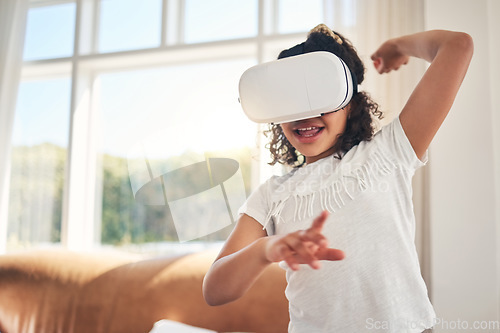 Image of Girl child, metaverse and virtual reality experience at home with digital world, gaming and entertainment. Future technology, connectivity and kid with VR goggles, youth streaming online and cyber