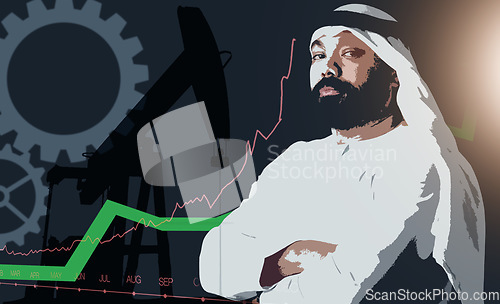 Image of Portrait, arms crossed and Muslim man in studio isolated on a stock market background. Face, serious and confident Islamic person in kandora for business, finance or trading in Dubai in generative ai