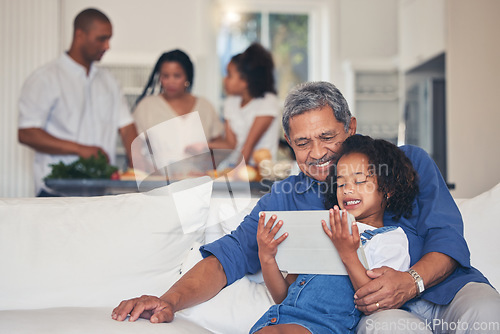 Image of Family, grandfather and child on tablet for selfie, video streaming and e learning, online education or games on sofa. Senior man and happy kid on digital technology, profile picture and social media