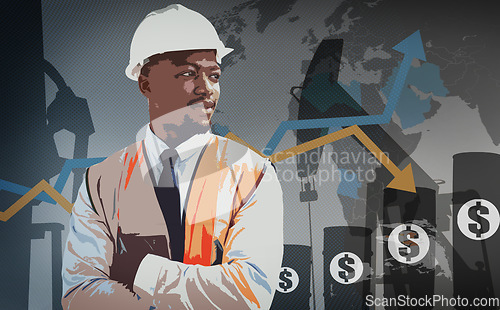 Image of Graphic, thinking and a black man with arms crossed for construction, building or logistics planning. Engineering, safety and an African handyman or maintenance employee with an idea on composite