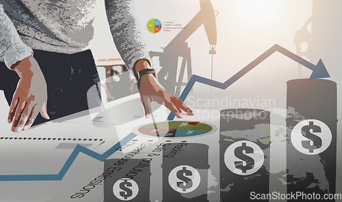 Image of Hands, graphs and statistics of oil price, fracking and business infographics. Chart, data and market for crude fuel, information on stock investment and finance trading for profit on generative ai