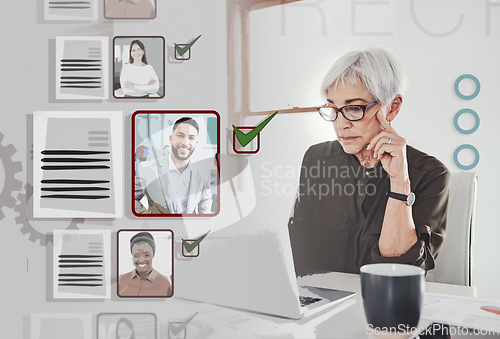 Image of Human resources, recruitment and thinking with woman in office for job interview, resume or employee database. Overlay, hiring and search with manager and laptop for digital, ceo and crm technology