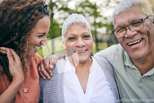 Image of Elderly parents, happy woman or portrait at park with love, care and bond laughing on outdoor travel. Senior father, mature mother or face of funny adult daughter in nature on family holiday together