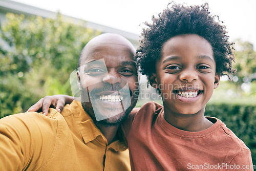 Image of Portrait, father and child take a selfie in nature as a happy family to relax on holiday together. Smile, faces or African dad taking picture or photograph with an excited young boy or kid in park