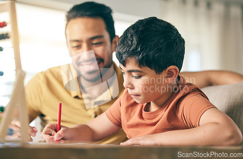 Image of Father help child, homework and education, writing and learning with studying, activity and development. Family, teaching and support for school with knowledge, man and boy in living room with growth