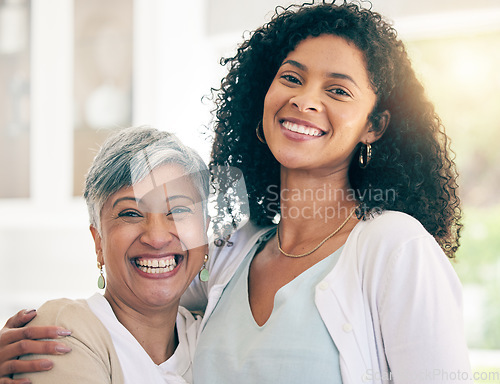 Image of Smile, love and portrait of senior mother and daughter for happy, hug and bonding. Support, retirement and happiness with face of women in family home for vacation, care and generations together