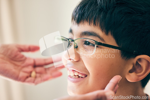 Image of Eye care, face and child with glasses for vision, focus and eyes healthcare with frame choice and inspection. Smile, happiness and medical support for lens assessment and decision at optometrist