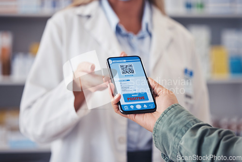 Image of Pharmacist, customer and hands with phone, qr code or positive diagnosis of monkeypox virus at pharmacy. Closeup of medical worker and patient on mobile smartphone app for test results at drugstore
