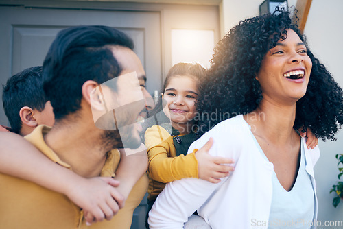 Image of Piggy back, home and parents with children for having fun, bonding and healthy relationship in morning. Happy, interracial family and kids with mom and dad playing together for love, care and trust