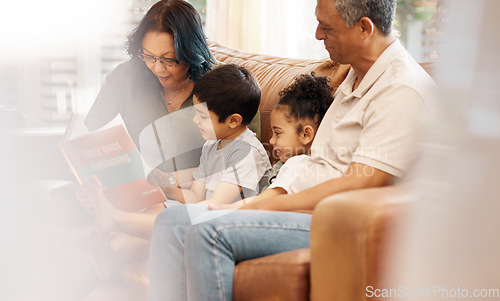 Image of Home, story learning and student support with children and book for education. Studying, kid and grandfather with teaching, communication and reading for youth development and family in a house