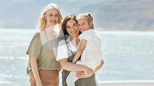 Image of Beach, portrait and girl with her grandmother and mother on vacation, adventure or holiday. Happy, smile and family generations of women by the ocean for bonding on weekend trip together in Australia