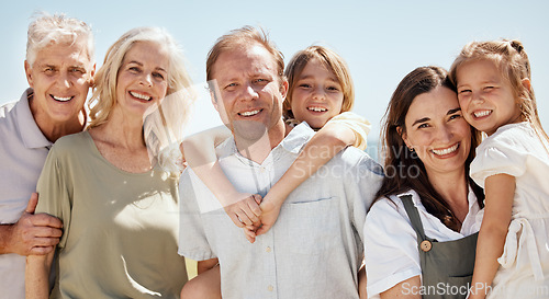 Image of Big family, happy and grandparents with children and parents on tropical vacation or outdoor holiday for bonding. Portrait, smile and kids with grandfather travel with mother, father and grandmother
