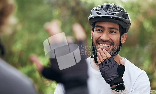 Image of Cycling, sign language and a man in outdoor for fitness, training or communication with a deaf friend. Team building, exercise and a cyclist talking to a sports person with a disability in nature