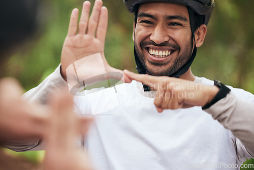 Image of Cycling, sign language and a man in training outdoor for fitness or communication with a deaf friend. Team building, health and a cyclist talking to a sports person with a disability in nature