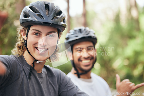 Image of Cycling, selfie and portrait of friends in nature for fitness training, exercise and sports workout with helmet in Norway. Wellness, travel and people for social media in countryside for adventure