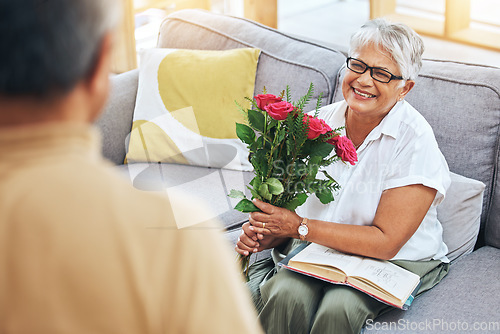 Image of Love, flowers and gift with old couple in living room for valentines day, anniversary and romance. Happy, retirement and celebration with senior man giving roses to woman in home for present and date