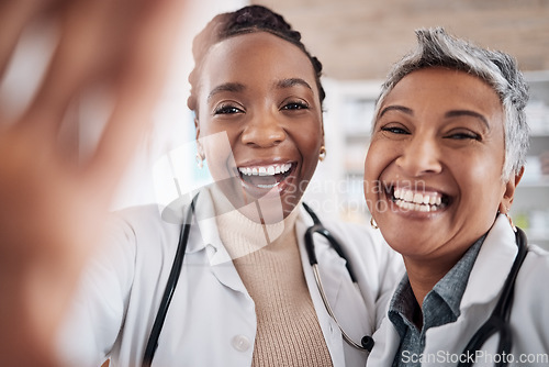 Image of Happy, portrait or doctors in a selfie for a social media profile picture of a healthcare team of friends in hospital. Women or faces of medical worker taking picture or photo for memory with smile