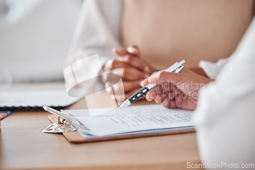 Image of Hands, contract or doctor consulting a patient in meeting in hospital writing history or healthcare record. Document closeup, peperwork or nurse with person speaking of test results or medical advice