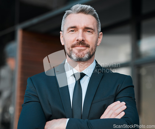 Image of Business man, mature and portrait outdoor with arms crossed for professional career and positive attitude. Face of entrepreneur or CEO person with pride, confidence and ambition of corporate boss