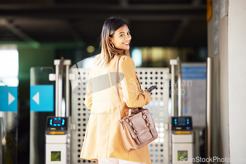Image of Smile, portrait and a woman with access to a station for travel, transport or or a train. Happy, airport and a girl or person with a boarding pass for a commute, electronic entrance or machine