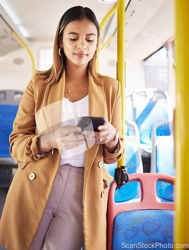 Image of Bus, business woman and phone with public transport, social media scroll and web with job commute. City travel, stop and internet app of a female professional on a mobile with networking on metro