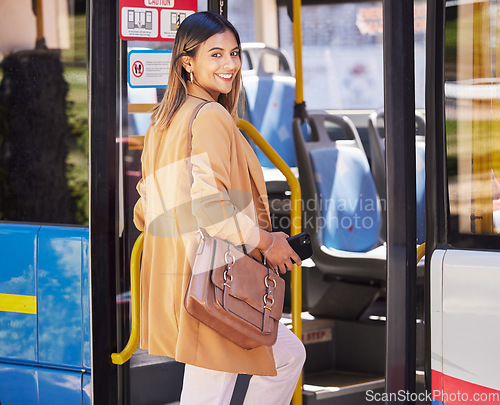 Image of Happy, business woman and travel on bus, journey or public transport service and person commute with metro to work in cbd. Corporate, worker and transportation to office, workplace or job in city