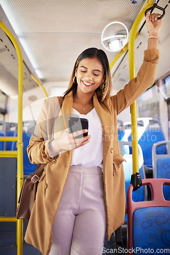 Image of Bus, happy woman and phone with public transport, social media scroll and smile with business commute. City travel, stop and internet app of a female professional on a mobile with networking on metro