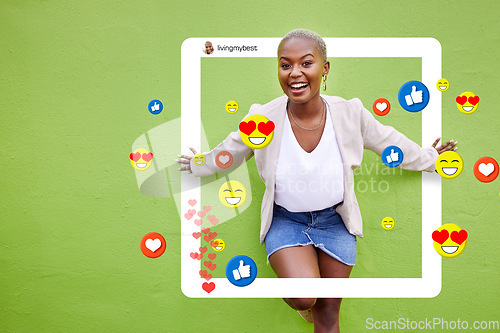 Image of Black woman, portrait and social media emojis, like and heart icons isolated on green background or mockup wall space. Smile, influencer and content creator with photography frame, graphic or overlay