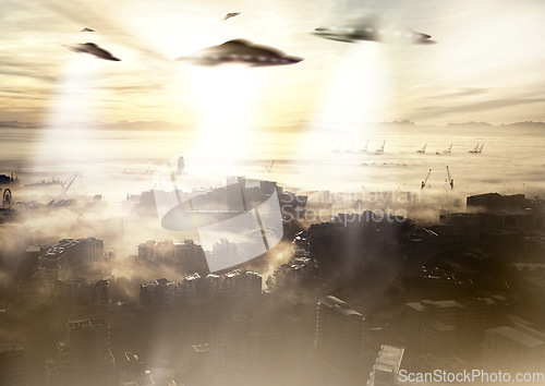 Image of City, ufo and invasion with light beam, contact or spaceship with mystery, futuristic or transport for outer space. Aliens, future or beings with glow, earth or science fiction with saucer or machine