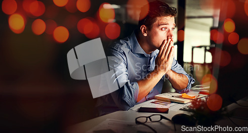 Image of Business man, stress and computer in night, office and 404 glitch with overtime, deadline and mistake. Software coding, pc error and developer with system fail, bokeh and worry in dark workplace