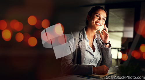 Image of Business woman, phone call and networking at night with bokeh lighting and computer work. Deadline, smile and mobile communication with worker conversation and data for project and mockup up space