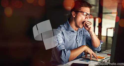 Image of Business man, yawn and tired in night, desk or bokeh with burnout, stress and deadline in modern office. Accountant, audit and fatigue with documents, notebook or chart for analysis in dark workplace