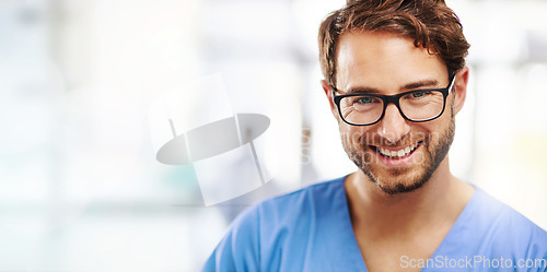 Image of Doctor, man and portrait with smile for healthcare, surgeon at hospital with mockup space. Banner, medical profession and happy in medicine with headshot, career in surgery and service with expert