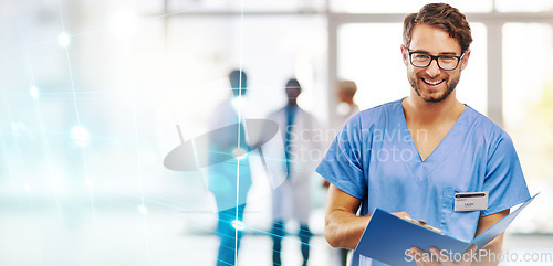 Image of Doctor, man and hologram, health insurance and innovation in portrait with paperwork and overlay. Digital transformation, folder and healthcare with medical research, mockup space and future