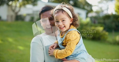 Image of Dad, baby and portrait of girl with smile in garden, backyard or laughing together with happiness on weekend. Toddler, father and kid with smile on face for summer, vacation or playing with family