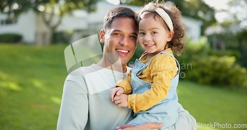 Image of Dad, baby and portrait of girl with smile in garden, backyard or laughing together with happiness on weekend. Toddler, father and kid with smile on face for summer, vacation or playing with family