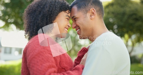 Image of Hug, backyard and couple with love, peace and bonding with quality time, romantic and happiness. Romance, man and woman outdoor, park and loving together in a park, embrace and support with care