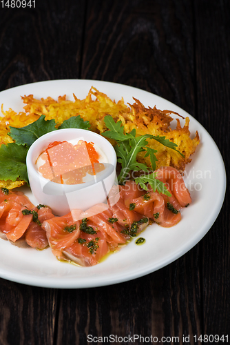 Image of potato pancakes salmon fish and red caviar