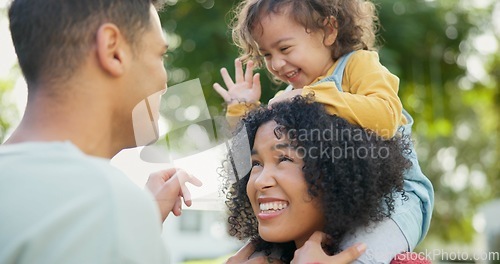 Image of Happy family, parents or baby in park to play with love, care or quality bonding time together outdoors. Mother, face or daughter laughing at game with joy, support or smile with father or freedom