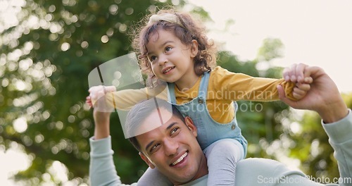 Image of Happy, piggyback and father with girl in nature, bonding and having fun. Smile, dad and carrying child on shoulders, play and enjoying quality family time together outdoor in park with love and care.