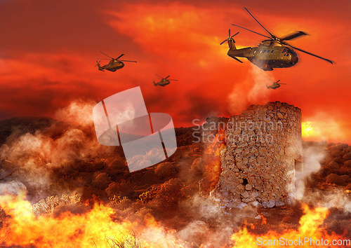 Image of Combat, military and helicopter with fire in explosion for service, army duty and conflict in city. Mockup, apocalypse and airforce with bombs for armed forces, defense and warfare in battlefield