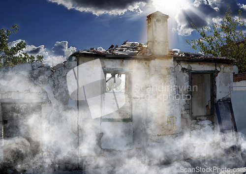 Image of Disaster, damage and accident with house and smoke from danger, chaos fire and devastation. War, crisis and abandoned with broken building structure for grunge, construction and military attack