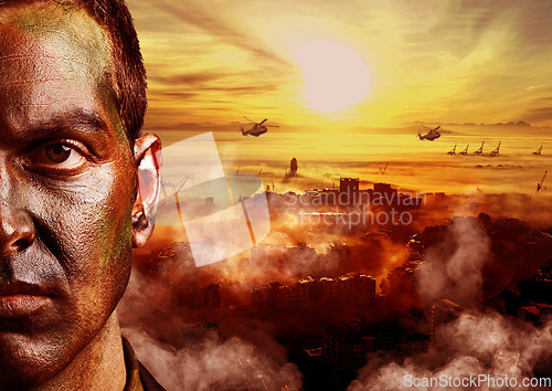 Image of Combat, military and portrait of soldier with fire in warzone for service, army duty and battle in camouflage. Mockup, banner and half face of man with helicopter for armed forces, defense or warfare