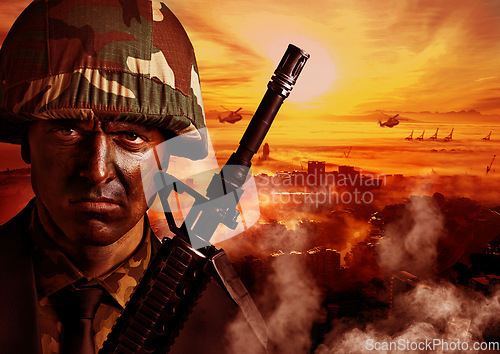Image of Explosion, military and portrait of soldier with fire in warzone for service, army duty and battle in camouflage. Mockup, conflict and face of man with helicopter for armed forces, defense or warfare