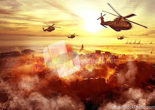 Image of Conflict, military and helicopter with fire in explosion for service, army duty and battle in city. Mockup, apocalypse and airforce with bombs for armed forces, defense and warfare in battlefield