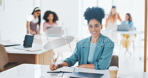 Image of Portrait of happy woman, creative agency and writing in notebook for admin at design agency. Female designer at modern office desk, manager at startup with happiness and coworking space with notes.