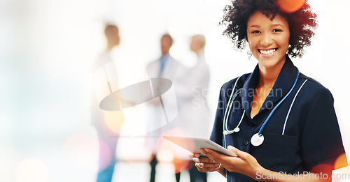 Image of Portrait, black woman and doctor with a tablet, smile and bokeh with mockup, connection and typing. Face, African person or medical professional with technology, telehealth and research with internet
