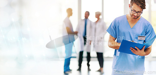 Image of Healthcare, clipboard and man nurse writing in a hospital for planning, schedule or checklist. Doctor, documents and male health expert with file for medical, compliance or life insurance paperwork