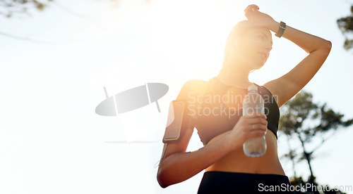 Image of Nature mockup, running or woman drinking water in park after training, workout or exercise to hydrate. Sunshine, fitness space or tired girl with bottle for healthy liquid hydration on resting break