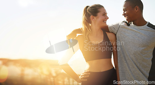 Image of Couple, fitness and banner with sun, hug and happiness outdoor, mockup space and wellness. Love, care and trust, interracial exercise friends and lens flare, smile with workout together and healthy